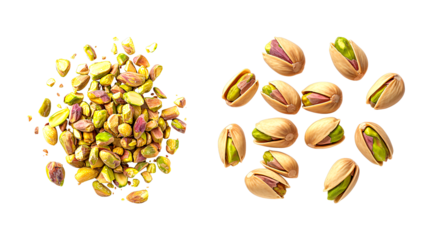 Pistachio nuts shelled and unshelled scattered on a transparent background