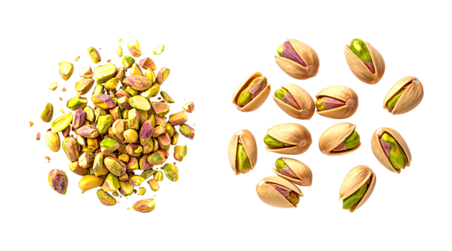 Pistachio nuts shelled and unshelled scattered on a transparent background