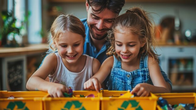 A young father teaching his children how to separate recyclable waste demonstrates environmental awareness and teaching with a focus on sustainability.
