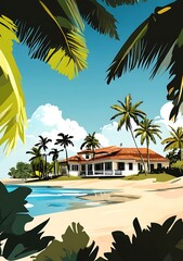 Fototapeta premium Tropical Beach House Illustration With Palm Trees