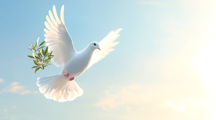 Fototapeta premium White dove soaring with olive branch against a serene sky