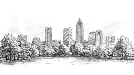 Fototapeta premium Charlotte, Carolina, black and white pen pencil hand-drawn effect drawing illustration for travel poster, card, wallpaper, backdrop or banner. Modern, clear, artistic and simple
