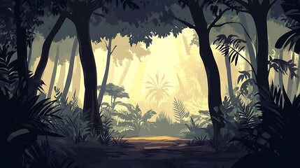 Jungle Illustration with Sunbeams Shining Through Trees