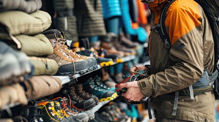 An active adult shopping for outdoor equipment, selecting items like hiking boots and camping gear
