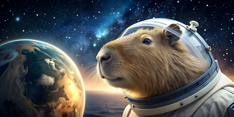 Capybara astronaut exploring outer space on a mission, capybara, astronaut, space, exploration, helmet, adventure, cute