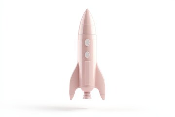 Pink toy rocket figurine floating against soft pink background, minimalistic design concept for children's space-themed decor. Beautiful simple AI generated image