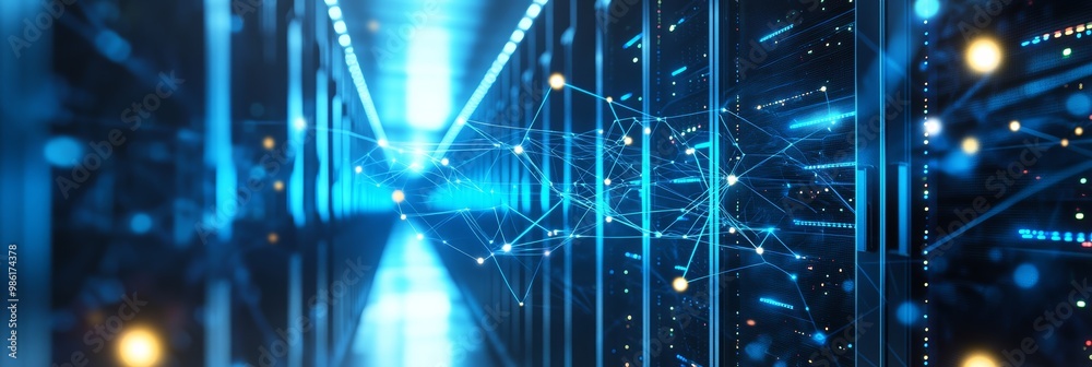 Poster Digital connections and data streams flowing through a futuristic server room. High-tech computing power and network infrastructure.