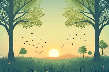 Sunrise Landscape With Trees and Birds