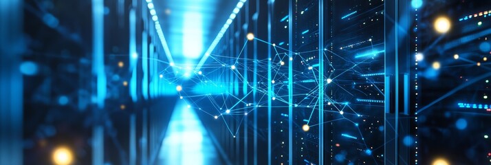 Digital connections and data streams flowing through a futuristic server room. High-tech computing power and network infrastructure.