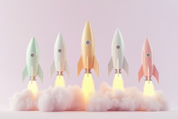 Obraz premium Pastel-Hued Retro Rocket Poised for Launch in Abstract 3D Render. Beautiful simple AI generated image