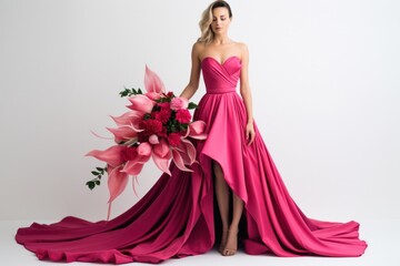 Fototapeta premium A modern wedding dress in a bold shade of hot pink, featuring a structured bodice and a daring asymmetric skirt, paired with a graphic bouquet of pink proteas and anthuriums