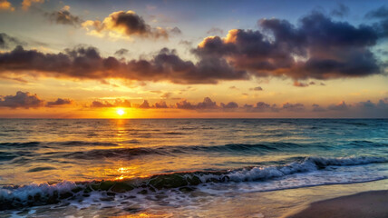 Obraz premium Blurred bokeh of a sunrise over a calm ocean