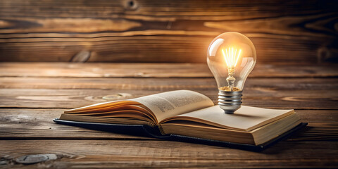 Light bulb and book on wooden surface, knowledge, education, inspiration, reading, creativity, learning, idea