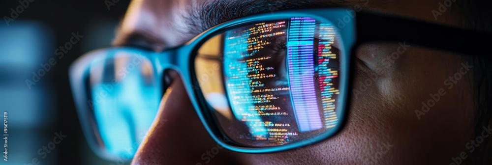Poster Close-up of glasses with code reflected in them, programmer intensely looking at the screen. Concept of coding and software development.