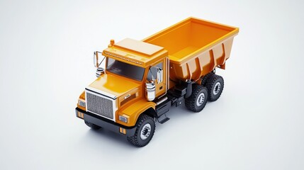 Yellow dump truck with large tires and a white background.