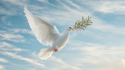 White dove soaring with an olive branch against a blue sky