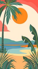 Tropical Beach Sunset Palm Tree Illustration