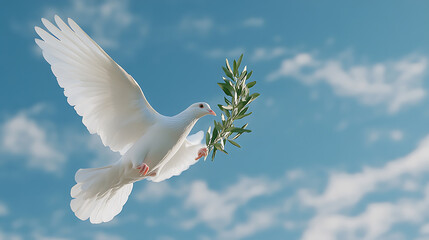 Obraz premium White dove carrying an olive branch against a blue sky