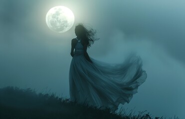 Mystical woman in a light flowing dress against the background of a large full moon