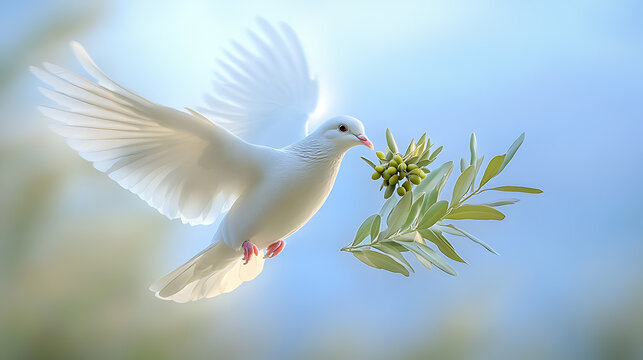 Peaceful dove carrying an olive branch in flight