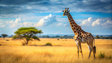 Obraz premium Giraffe in the African savanna habitat , wildlife, animal, Africa, tall, majestic, spotted, giraffe, savanna, landscape, nature