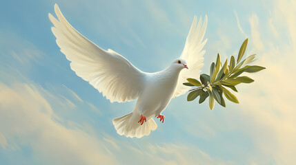 Peaceful dove carrying an olive branch in the sky