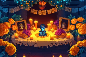 Day of the Dead altar with candles, sugar skull, and marigold flowers, AI generated
