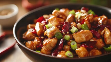 Close-up of chicken with red peppers, green onions, and sesame seeds in a black bowl.