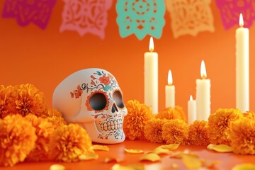 Day of the Dead altar with candles, sugar skull, and marigold flowers, AI generated