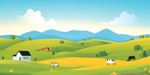 Green Field with Cows and Farmhouses in the Distance