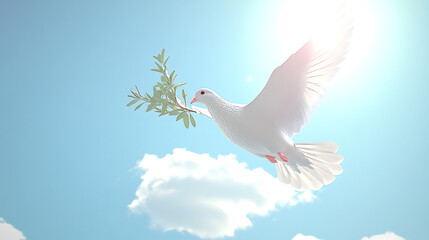 Obraz premium White dove soaring with olive branch against blue sky