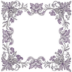 Intricate floral frame design in purple and gray, perfect for elegant invitations.