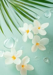 Fototapeta premium White Flowers Floating in Water with Palm Leaf