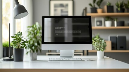 Stylish workspace featuring a modern computer, plants, and ambient lighting, perfect for productivity and creativity.