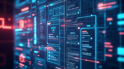 Futuristic interface design showcasing digital data and technology elements in vibrant colors for web and app development.