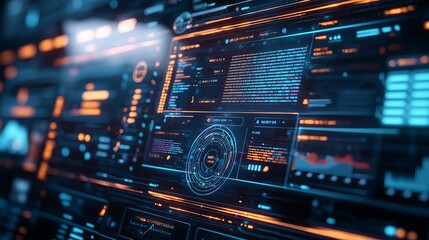 Fototapeta premium Futuristic digital interface with vibrant colors and complex data visualizations, ideal for technology and innovation themes.