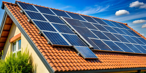 Close-up of solar panels on roof of house, solar panels, renewable energy, technology, alternative energy
