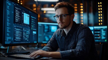 Focused programmer working in a modern tech environment with multiple screens displaying code and data.