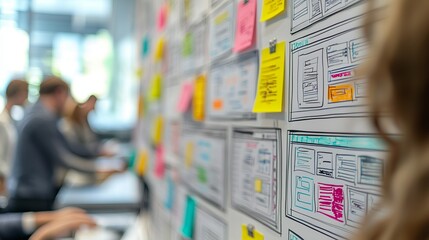 Obraz premium Dynamic brainstorming session with colorful sticky notes on walls, capturing creative ideas and collaboration in a modern workspace.