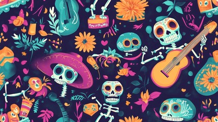 Fototapeta premium Seamless pattern of vibrant sugar skulls with flowers and hearts, AI generated
