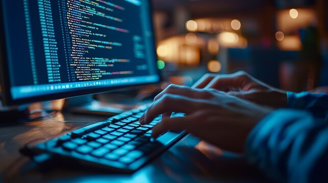 Focused programmer typing code on a keyboard, illuminated by screen light in a modern workspace.