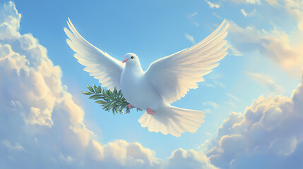 Peaceful dove soaring with an olive branch in the sky