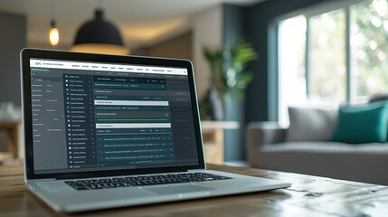 A modern workspace featuring a laptop on a wooden table, showcasing a software interface in a stylish interior environment.