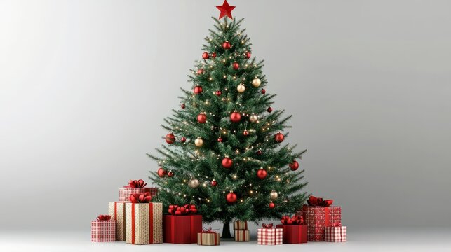 A magic decorated christmas tree with gifts background transparent background