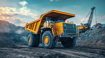 Obraz premium A yellow dump truck drives through a coal mine with a blue sky and clouds in the background.