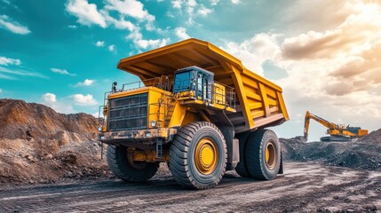 Obraz premium Yellow dump truck in a quarry with a bright blue sky and clouds.