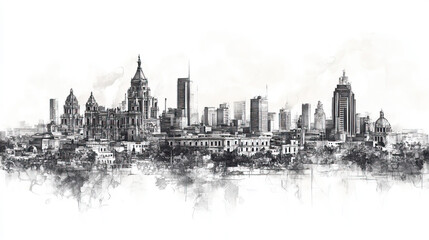 Obraz premium Chihuahua, Mexico, black and white pen pencil hand-drawn effect drawing illustration for travel poster, card, wallpaper, backdrop or banner. Modern, clear, artistic and simple