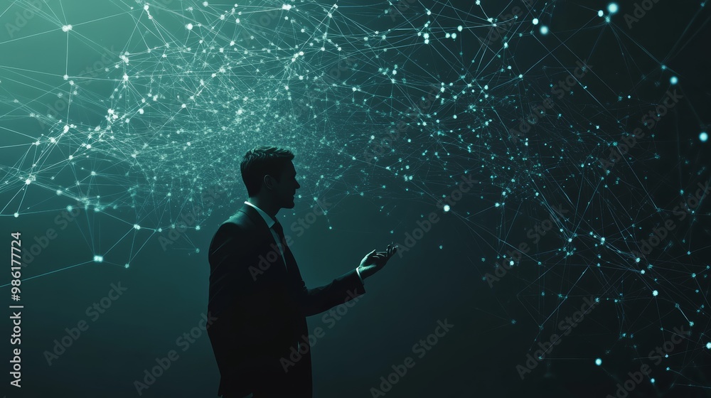 Poster Businessman observing a green digital network spreading through the air. Technology and innovation concept for future data analysis and AI.