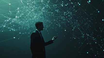 Businessman observing a green digital network spreading through the air. Technology and innovation concept for future data analysis and AI.