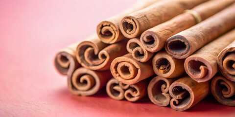 Close-up of cinnamon sticks on a pink background, spice, aromatic, food, ingredient, sticks, scattered, texture, organic